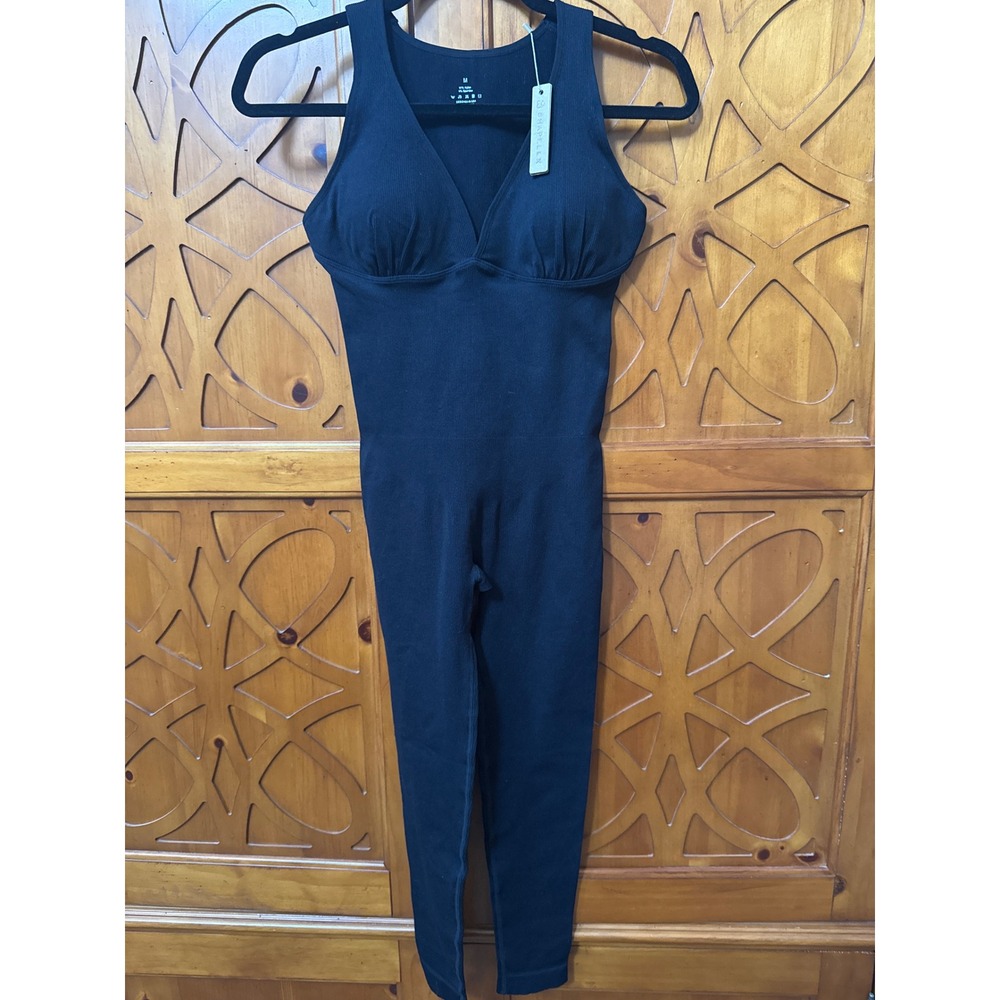 Shapellx Black Ribbed V-Neck Full Body Shaper Jumpsuit Medium NWT